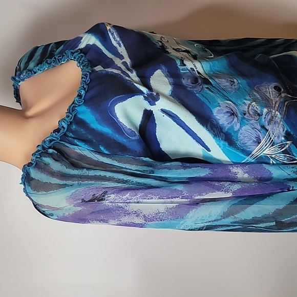 Forbidden Blue Ruffle Neck-line Sheer Balloon Sleeves Blouse - Picture 8 of 17